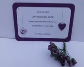 Handmade save the date cards sample, hanging hearts, purple & silver, wedding, all colours available, personalised