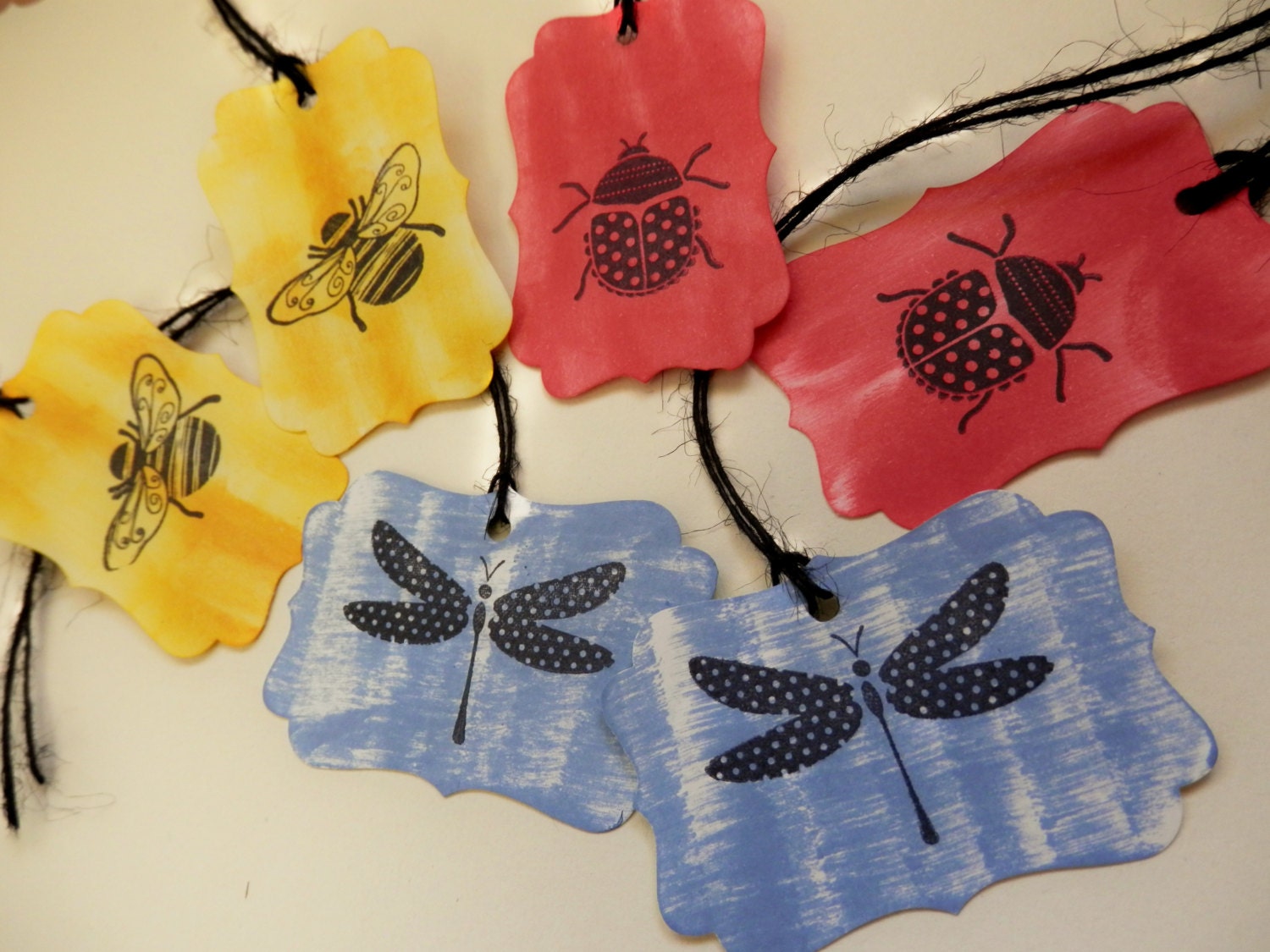Handmade Tags Set of 6  - Springtime Bugs - Red Blue Yellow