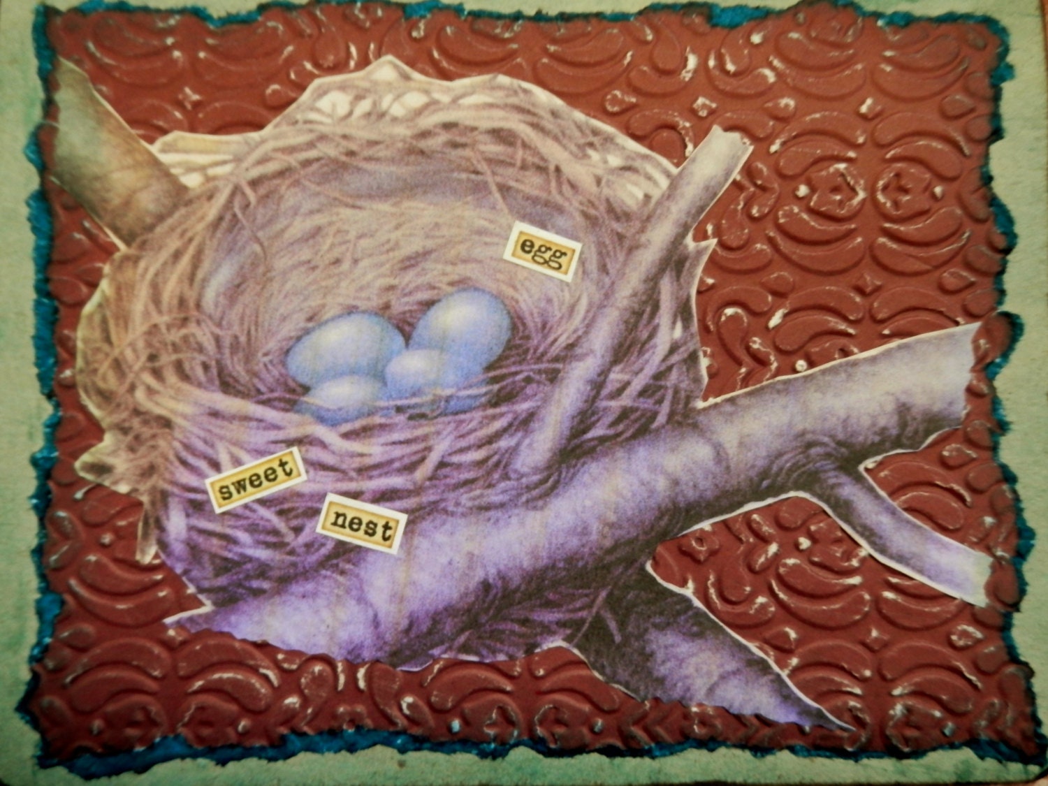 Ooak Art Collage and Ink Card "SWEET NEST EGGS"