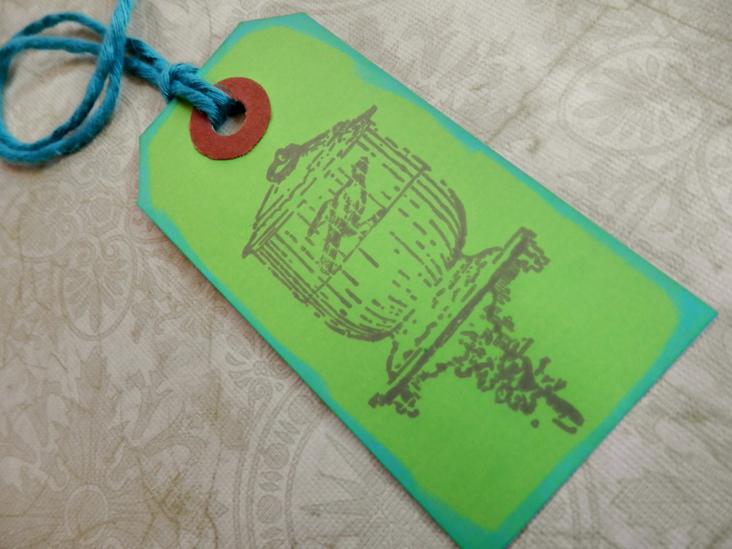 4 HANDMADE Tags - Birdie in a Cage - Lime and Aqua