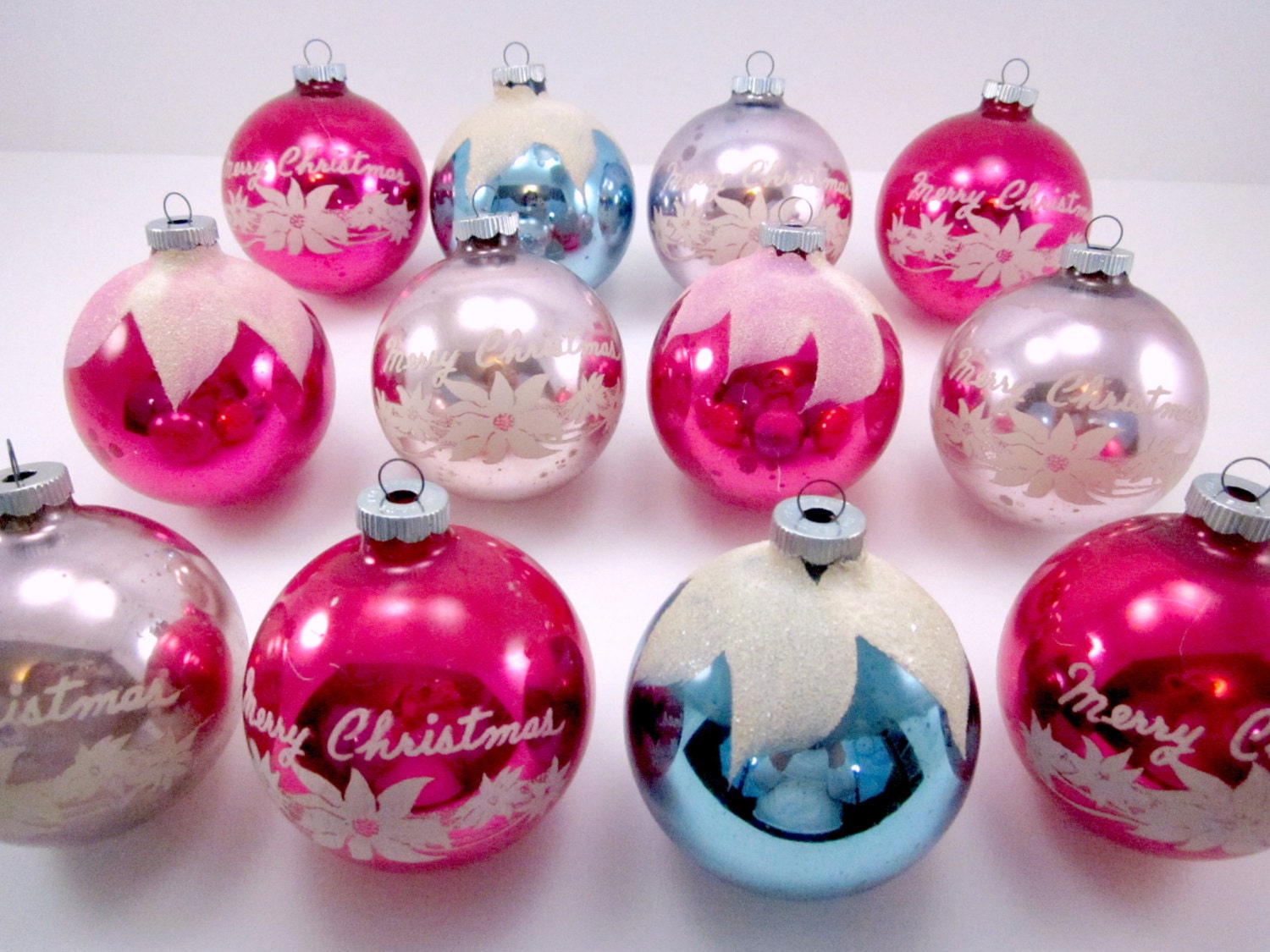 1950s Vintage Glass Extra Large Stenciled Shiny Brite Christmas Holiday Ornaments One Dozen Boxed