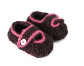 Crochet Pink and Brown Baby Girl Mary Jane Slipper Shoes, Baby Girl Booties