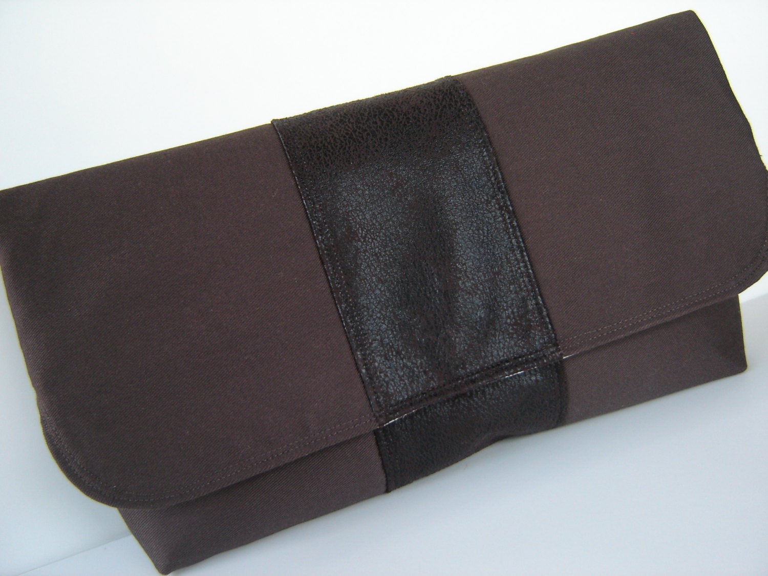 Large brown twill and microfiber (rustic leather) foldover clutch