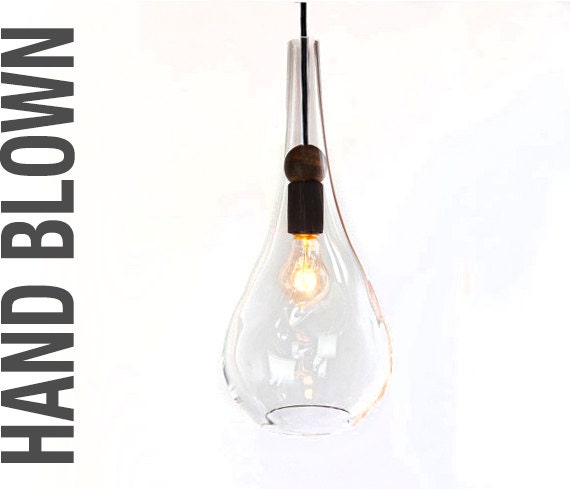 Hand Blown Glass & Wood Pendulum Pendant Light