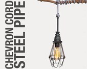 Rustic Metal Farmhouse Zig Zag Zebra Chevron Cloth Cord Industrial Cage Light