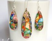 Jewelry set with large pendant, mosaic rainbow jasper with pyrite gemstone, teardrop shaped, modern, sterling silver, necklace and earrings