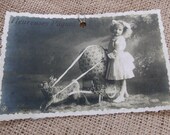 Reproduced Vintage RPPC Sepia French Postcard Easter / Girl w/Rabbit, Egg and Cart "Heureuses Paques"