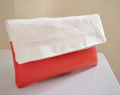 Eco leather and linen clutch Orange and ivory white clutch Bridesmaid gift idea summer clutch bag leather bag purse
