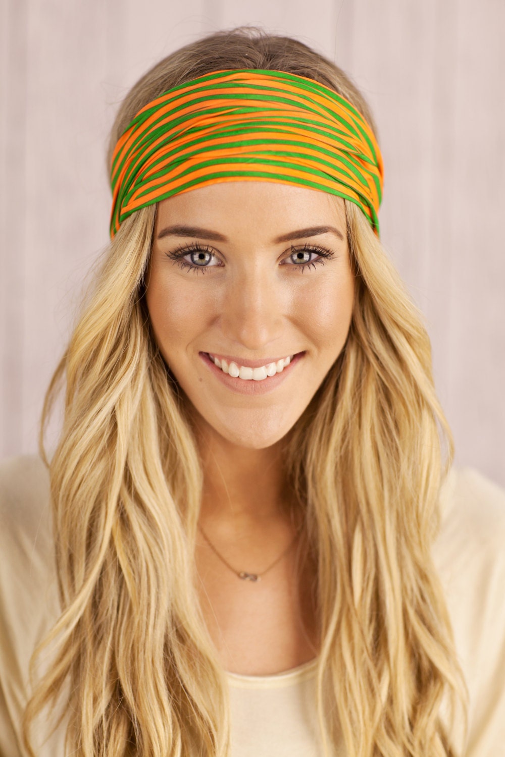 Striped Headband Green and Tangerine Striped Hair Band Stretchy Women's Fashion Hair Accessory by Three Bird Nest