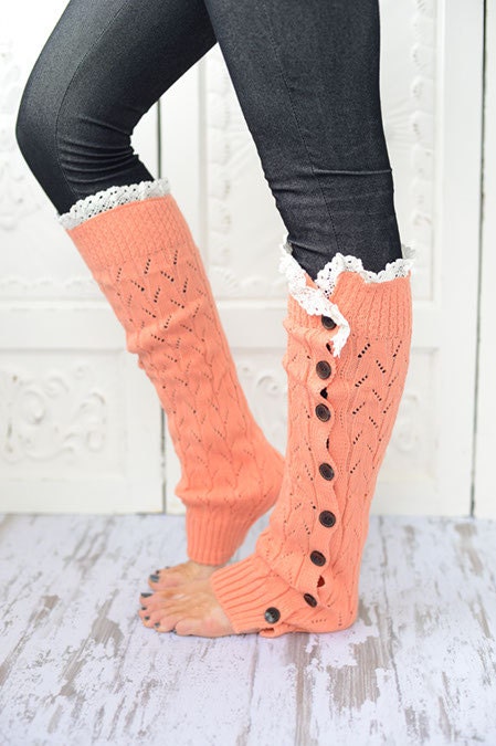 Coral Lacy Knitted Button Down Leg Warmers Boot Cuffs (LWK1) with Crochet Trim Button Up LegWarmers