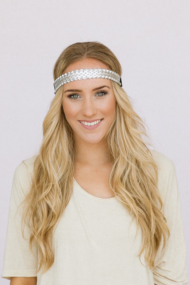 Braided SIlver Headband Metallic Leatherette Thin Boho Bohemian Braided Women's Fashion Headband (HB-138A)
