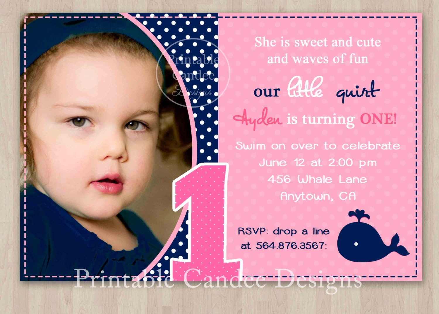 Pink and Navy Whale Birthday Invitation - DIY Custom Printable