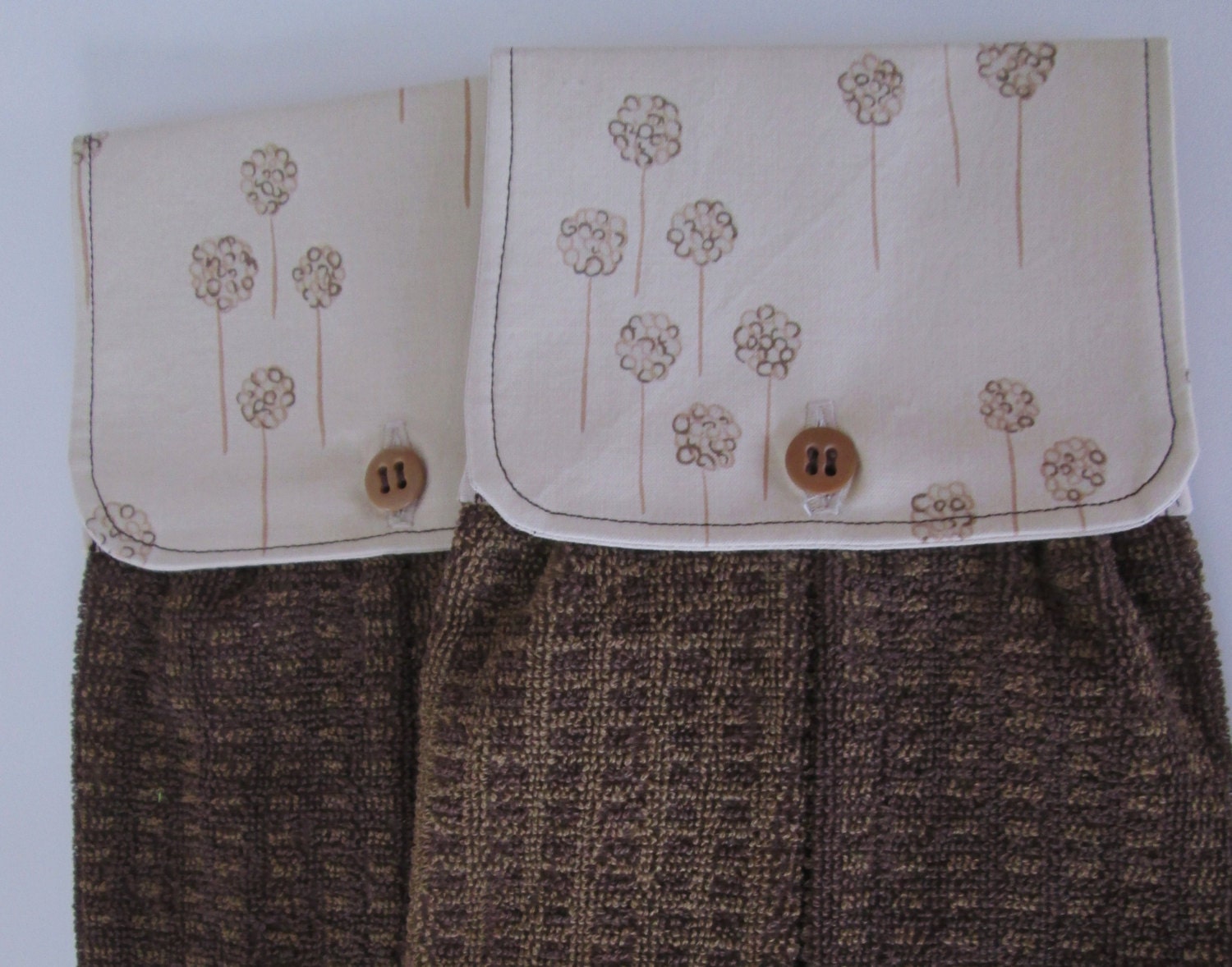 Hanging Kitchen Towel Set-  Beige Cotton Fabric With Brown and Beige Flowers  Brown Waffle Weave Terry Cloth Towels Button Closure