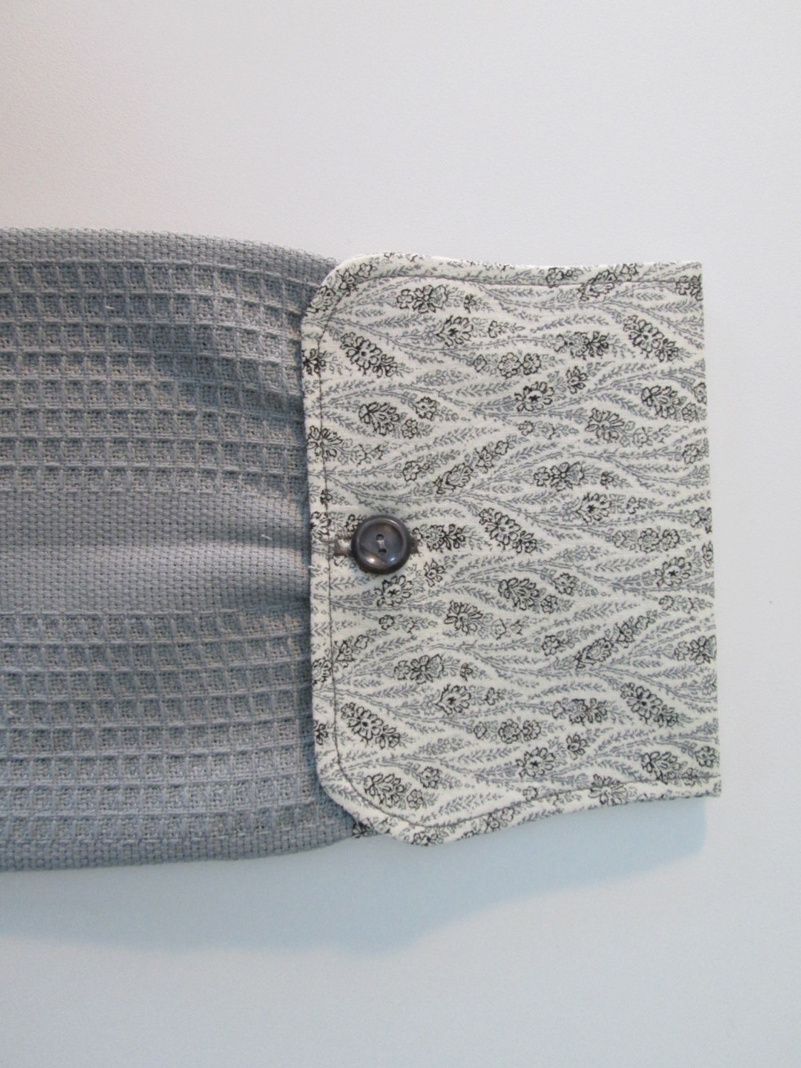Hanging Kitchen Towel -Modern Black Cream Grey Cotton Print Fabric With Grey Cotton Woven Towel. Button Closure