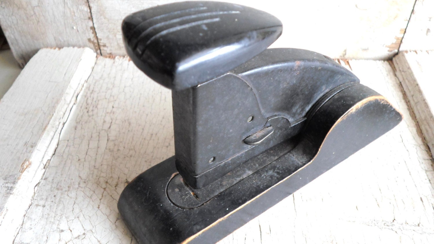 Art Deco Wooden Stapler, 1920s, Vintage Office Supplies, Speed Products, Black, Works, Metal Top, Wood Bottom, Industrial, Retro Mad Men