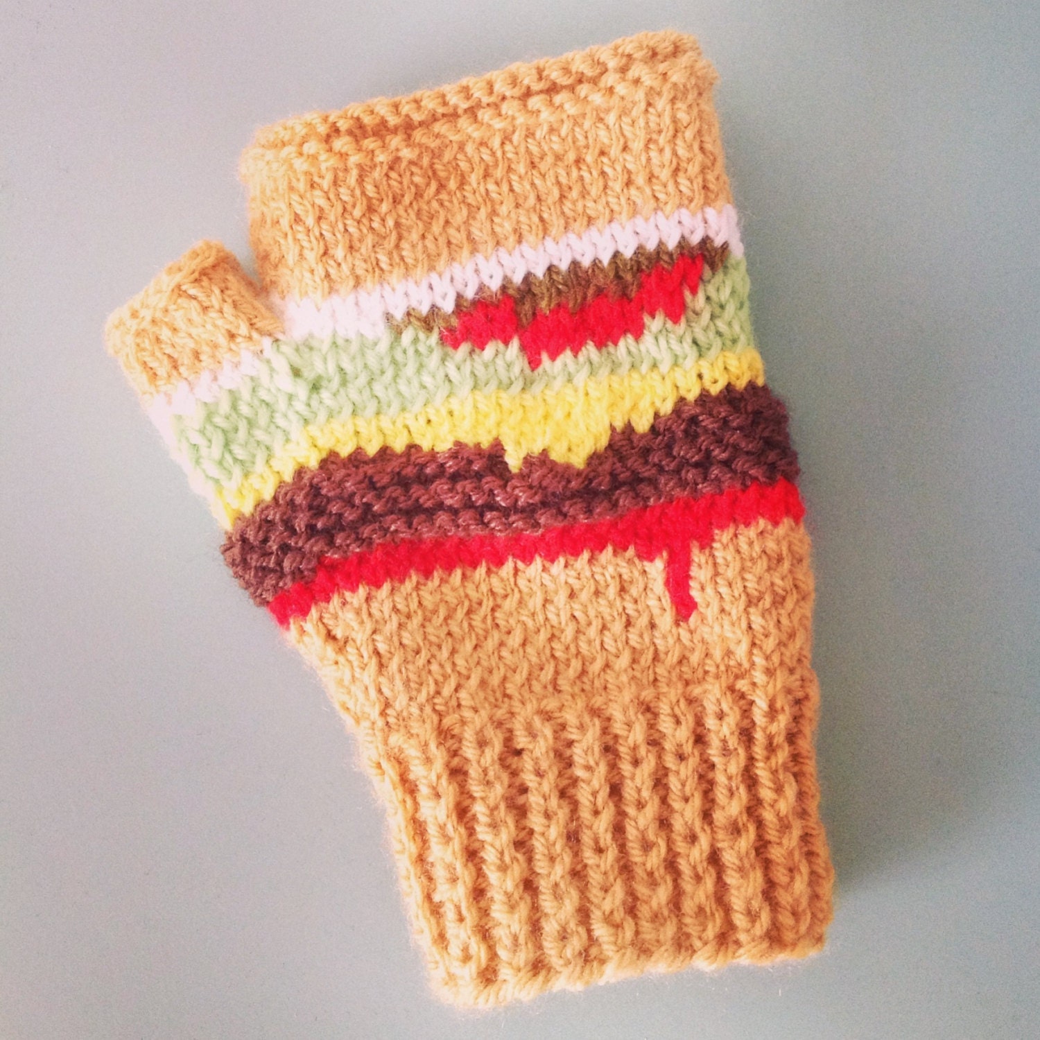 Burger Mitts - Novelty Fingerless Mittens. Unisex.