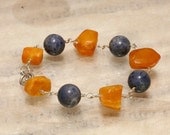 Baltic raw yellow amber and blue coral bracelet on sterling silver