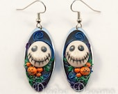 Goth Pagan Skull Pumpkin Dangle Flower Halloween Earrings - Polymer Clay Sugar Skull Pumpkin Earrings - Dark Spooky Jack Skellington Jewelry