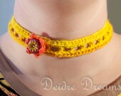 Hippie Crochet Choker - Polymer Clay Flower Appliqued Ornament - Boho Gypsy Chic Fiber Crochet Jewelry Hand Spun Yarn