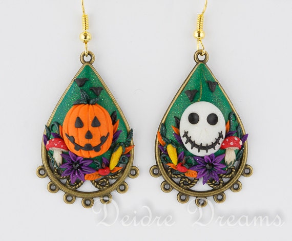 Goth Pagan Skull Pumpkin Dangle Flower Halloween Mismatched Earrings - Polymer Clay Sugar Skull Pumpkin Earrings - Jack Skellington Jewelry
