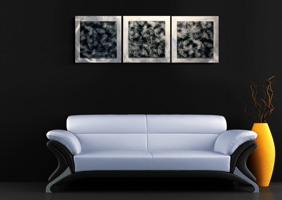 Minimalist Metal Wall Art 'Slate Essence' - 38x12 in. - Contemporary Urban Décor - Black/Grey/White Masculine Art