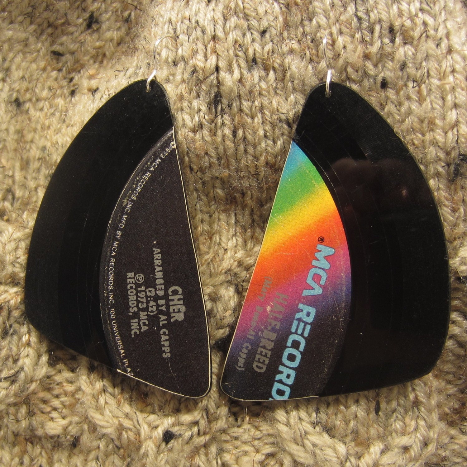 Vintage Vinyl Record Earrings, Cher, Half-Breed, MCA Records
