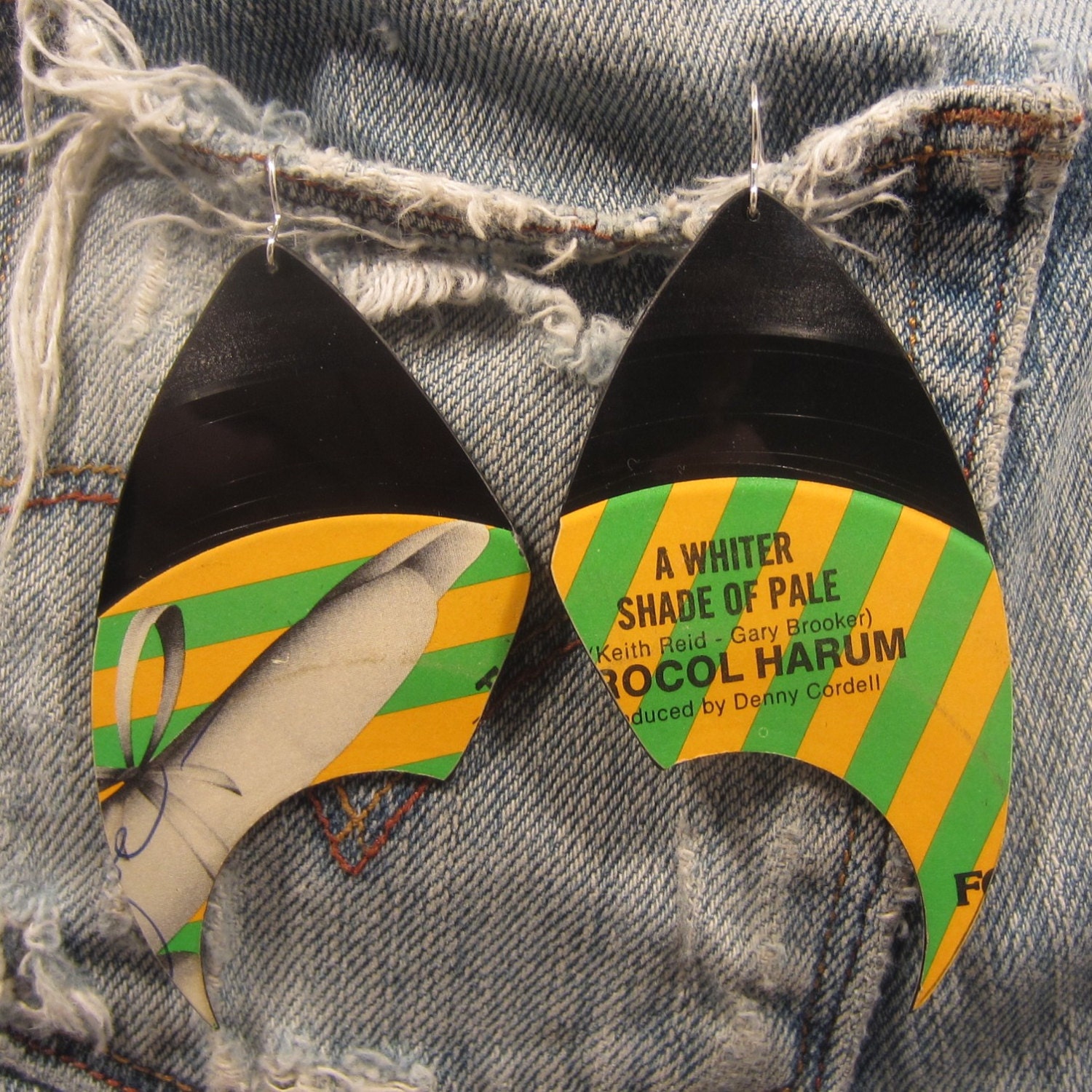 Vintage Vinyl Record Earrings, Orange and Green striped, A Whiter Shade Of Pale
