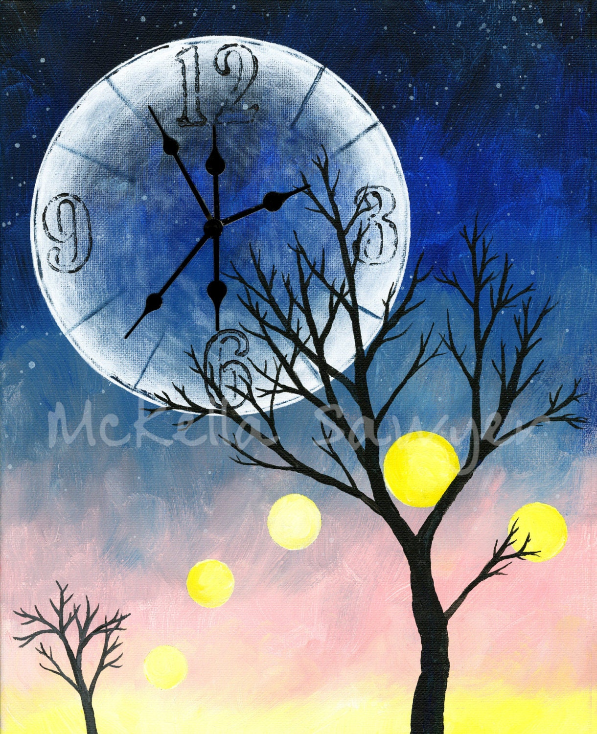 11"x14"x.5" mixed media painting-clock moon and trees-sunrise, sunset
