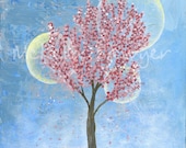 11"x14"x.5"-Acrylic painting on canvas-cherry blossoms-spring art-pink and blue-ready to hang
