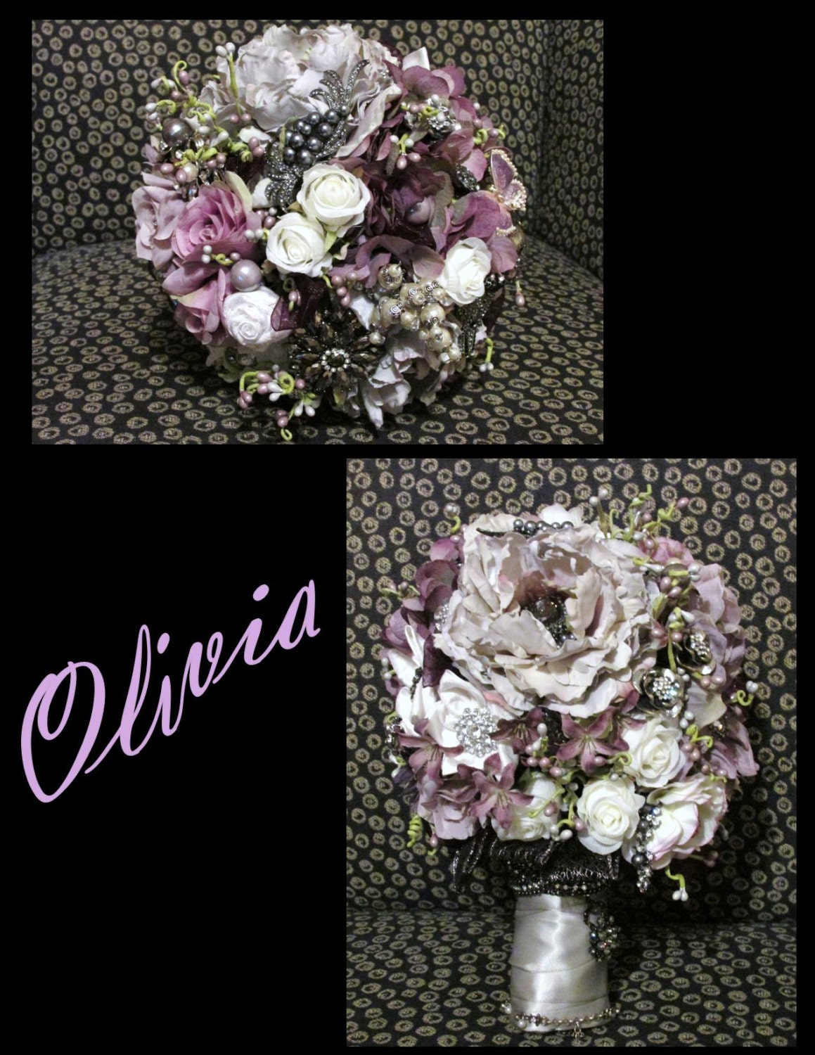 OLIVIA - Purple / Lavender / White / Black Brooch Bridal Bouquet
