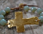 Sideways cross bracelet 'Faith' light aqua, rustic hammered gold cross, religious, leather,sundance style, bohemian chic, rustic country