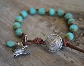 Turquoise 'With brave wings she flies' hand knotted, leather, bohemian chic, rustic country