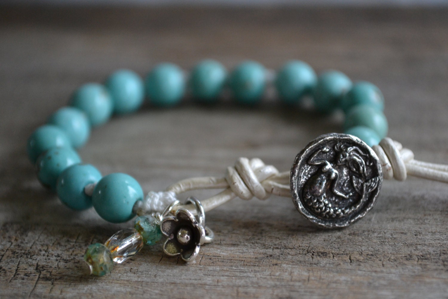 Turquoise 'Mermaid' hand knotted, leather, bohemian chic, rustic country