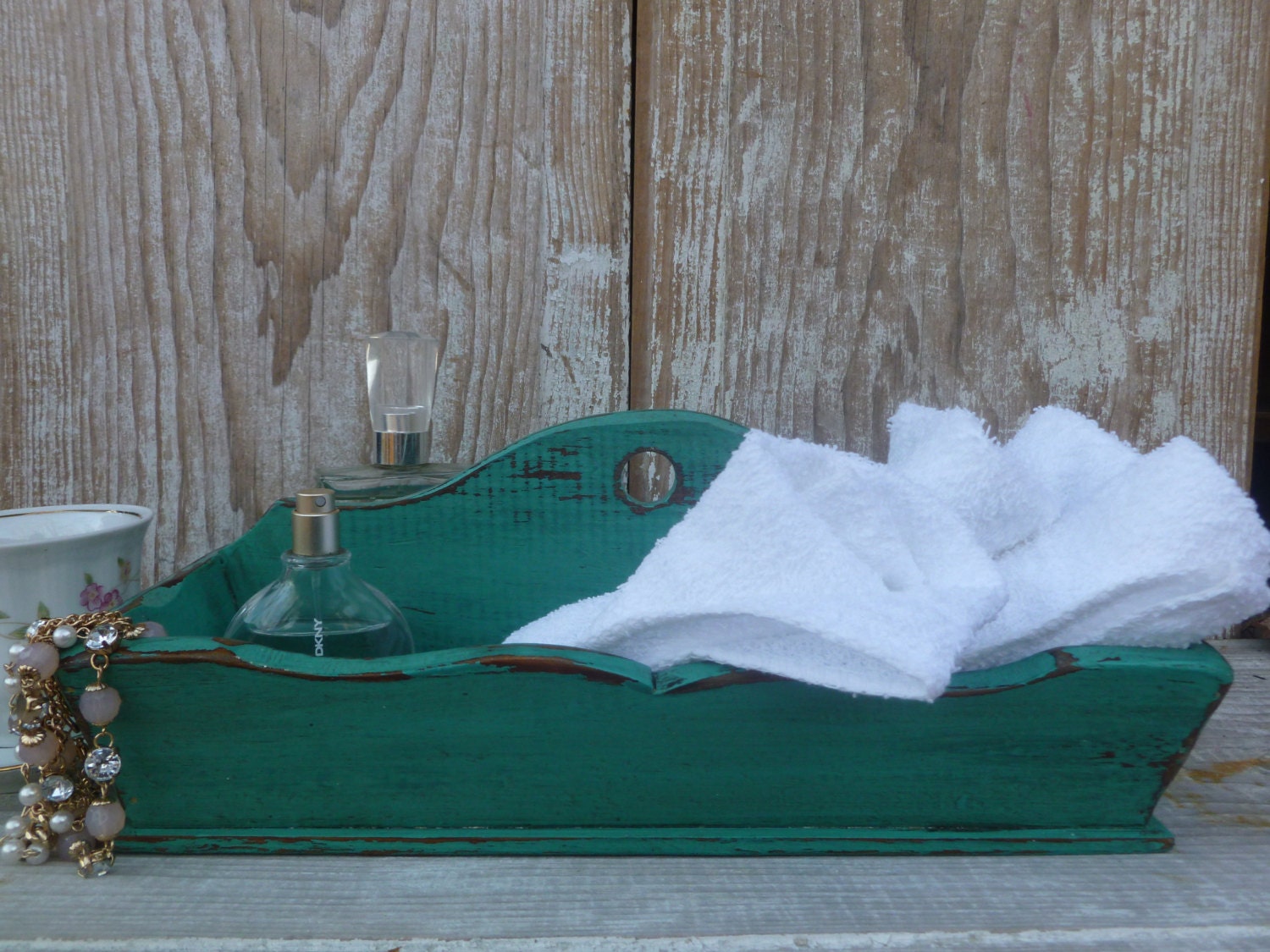 Distressed Wooden Teal Trug/Tray/Caddy