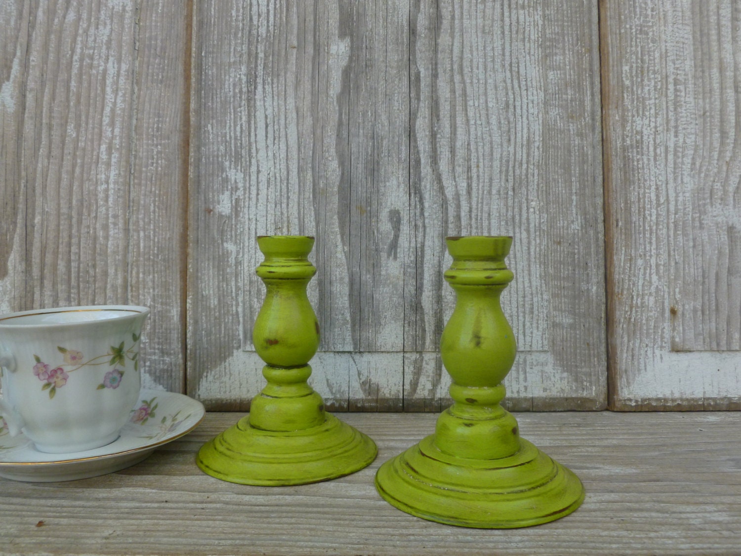 Chartreuse Painted Wood Candlesticks