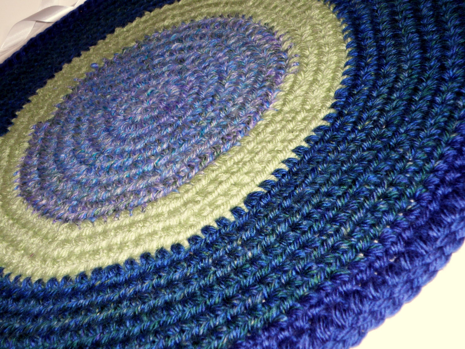 Thick Crochet Rag Rug, Handmade Area Rug or Pet Bed Round in Deep Shades of Teal and Sea Blues with Green. - CottageCoveCrochet