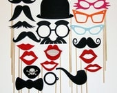 Mustache , Pipe, Pirate Eye Patch On A Stick  Fun Weddings, Parties,Birthdays -  Photography Prop Mask - 20 Piece Set