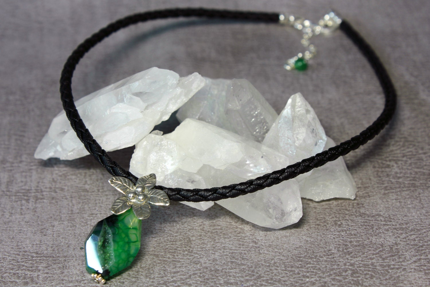 Emerald Green dyed Druzy Agate with Geode Inclusions, Sterling Silver, Black Synthetic Braided Cord, Elegant&Stylish Choker Necklace