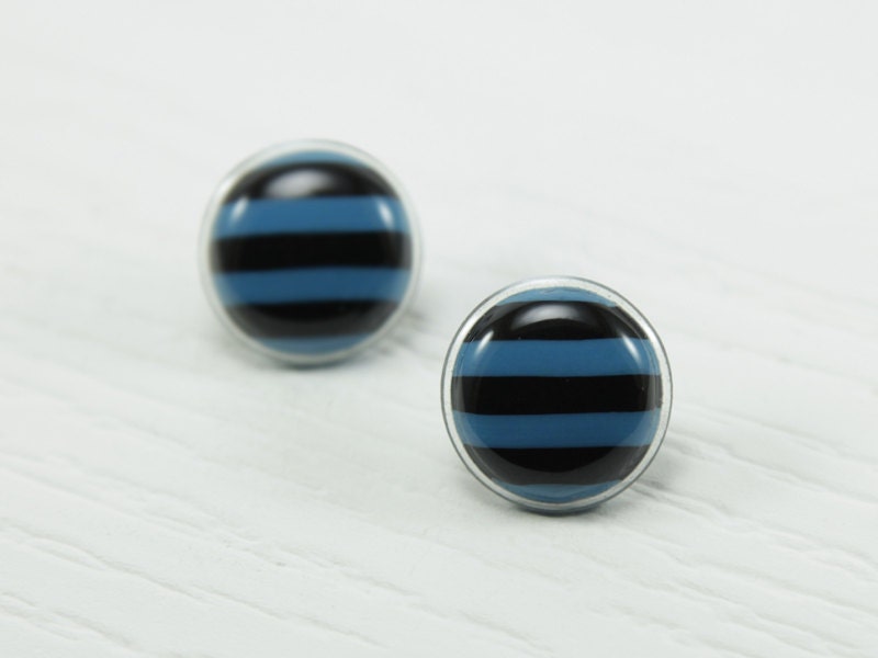 Blue and Black Stud Earrings 20mm - Blue Striped Stud Earrings - Striped Jewelry - Studs - Nickel Free - Casual Jewelry by Biesge