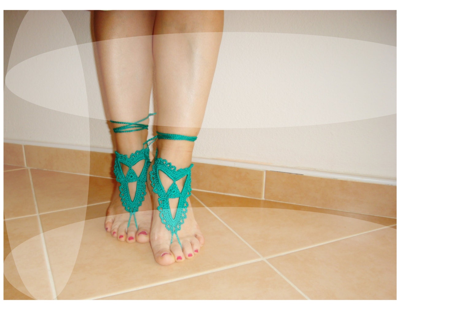 Foot Jewelry Anklet, Green Lace crochet anklet, nude shoes, berafoot sandals, wedding accessories..