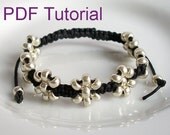 PDF Tutorial Beaded Flowers Square Knot Macrame Bracelet Pattern, Silver Sead Bead Adjustable Friendship Slider Bracelet