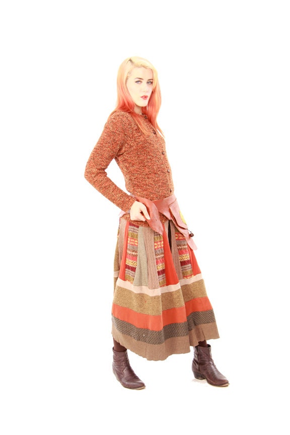 OOAK Upcycled Autumn Colored Washable Pixie Sweater Coat with Optional Hand Knitted Scarf and Woven Belt eith Removeable Hip Pockets Size M