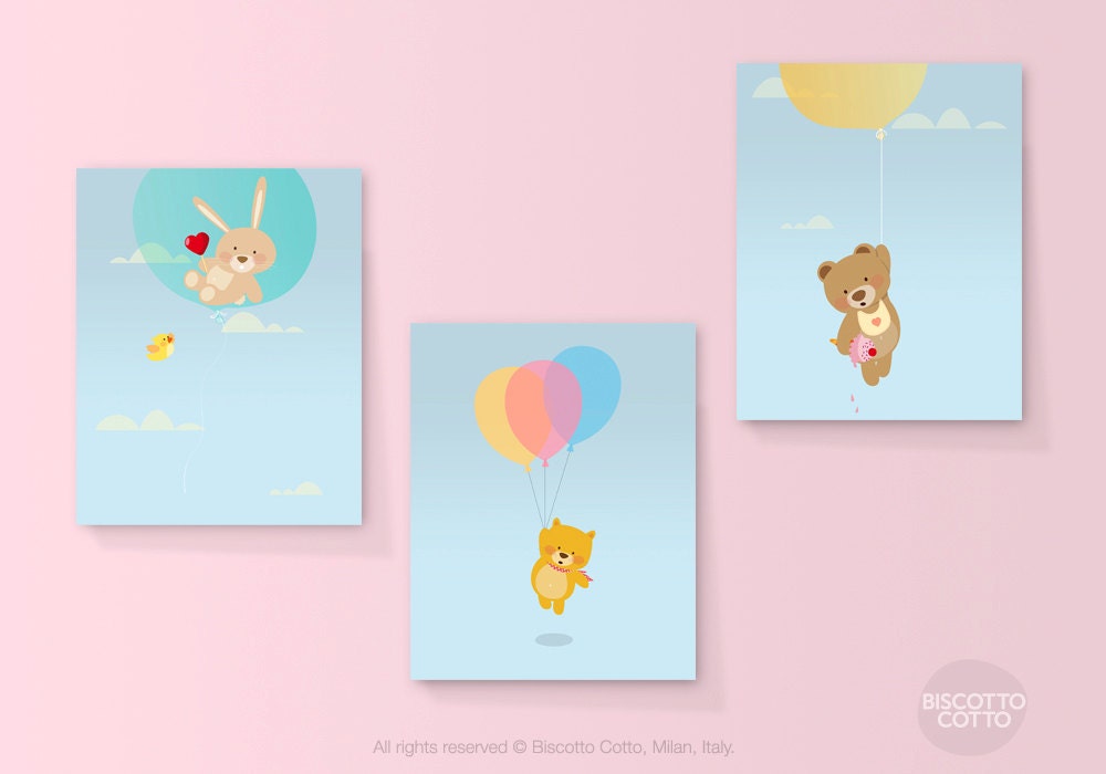 Art print set, 8x10. A little bunny, a kitten and a teddy bear flying with balloons on a light blue background.