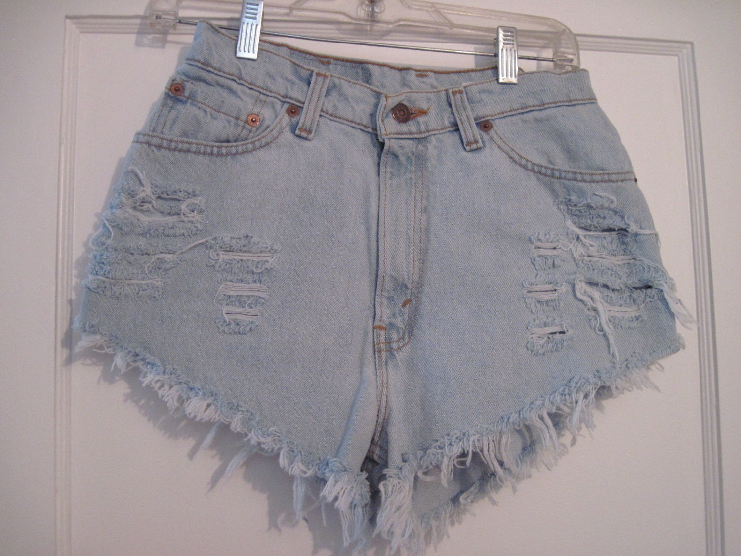 womens vintage Levi denim cutoff  shorts frayed ripped destroyed size 11 High waist with silver  studs added  waist 30 inches