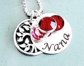 Hand Stamped Grandmother's Necklace - Custom Nana Jewelry - Round Disc with Name, Sterling Silver Family Tree, Swarovski Birthstone Pendants