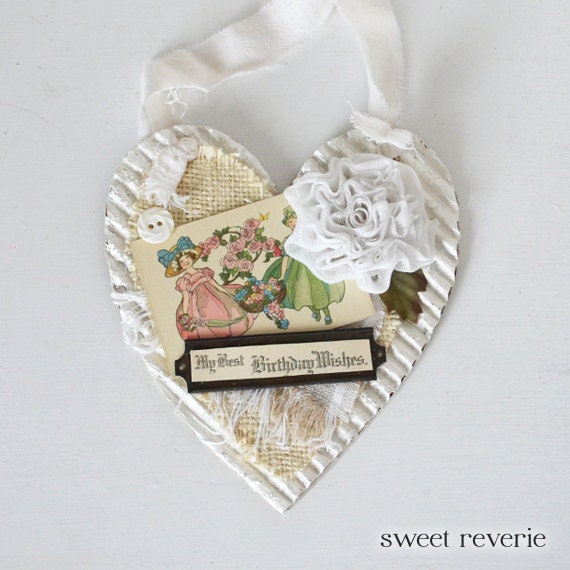 Happy Birthday Hanging Heart Card Decoration - Shabby Chic Vintage Mixed Media Collage - Friend Birthday Gift