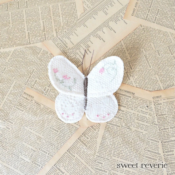 Spring Butterfly - Flower Garden Embroidered Textile Art - Pink and Green Floral - DIY Brooch Pin for Mothers Day, Birthday, Wedding