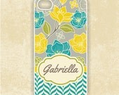 RUBBER Monogrammed iPhone 5 Case - Stylish Turquoise & Yellow Flowers  Monogram - iPhone Case, iPhone 5 Cover, Monogram iPHONE 5 (iM5098)