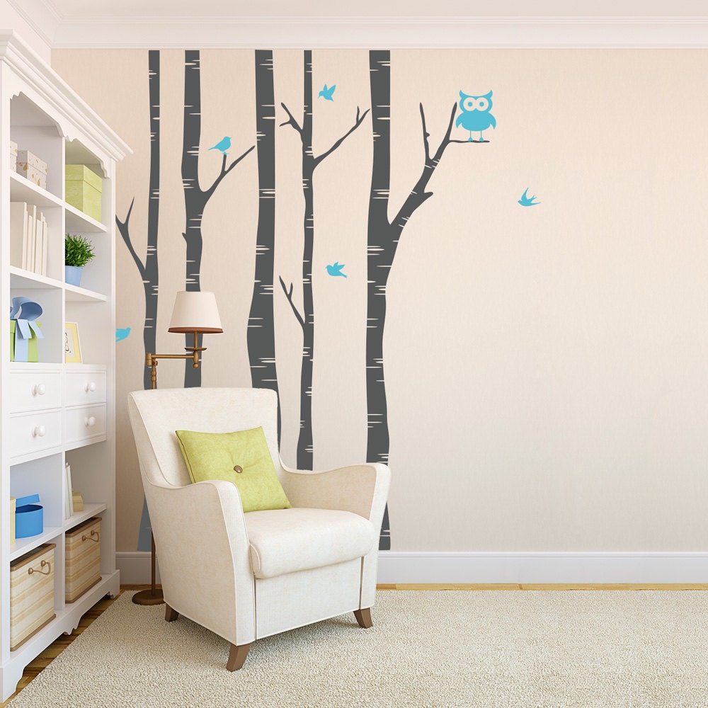 8 foot  Birch Tree and Owl Wall Decals
