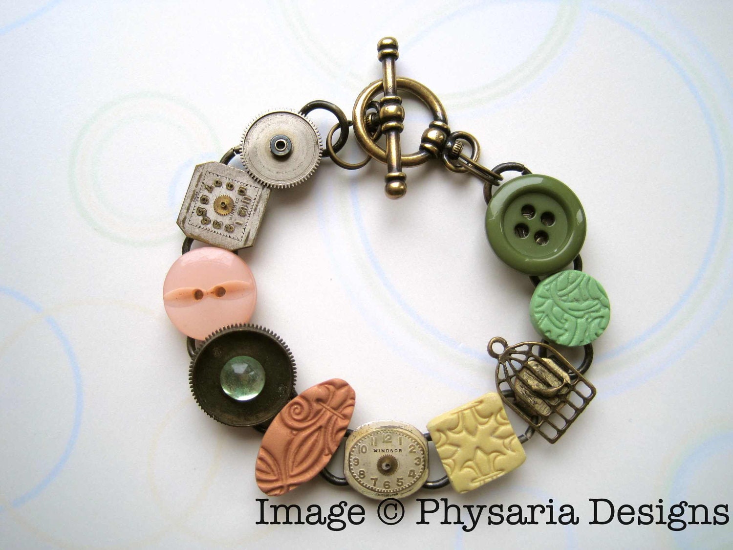 Bracelet Multiform Assemblage Upcycled Watch Parts Clay Tiles Green Salmon Ivory Birdcage Garden
